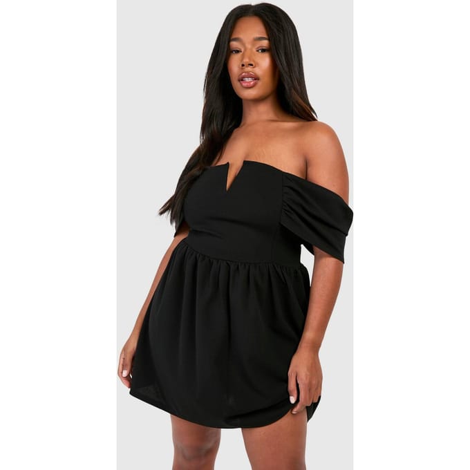 boohoo Dames Plus Bardot Drop Shoulder Skater Jurk | Zwart | Maat: 56