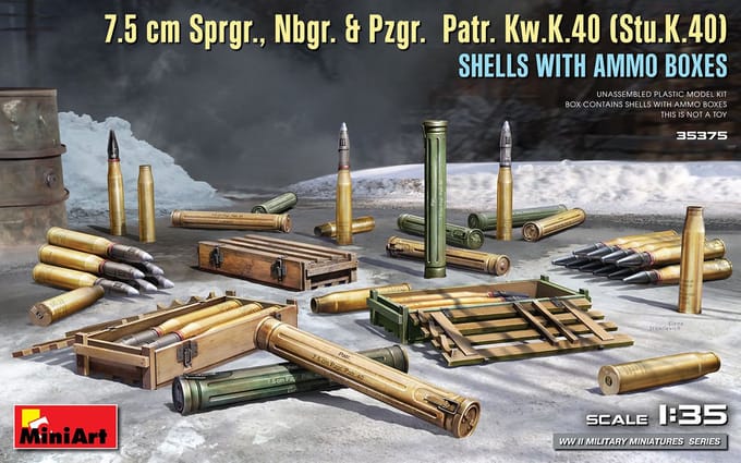 MiniArt Modelbouwpakket Militaire voertuigen - 35375 7.5 cm Sprgr., Nbgr. - Pzgr. Patr. Kw.K.40 (Stu.K.40) Shells w/ Ammo Boxes Plastic - 1:35 - Modelbouw
