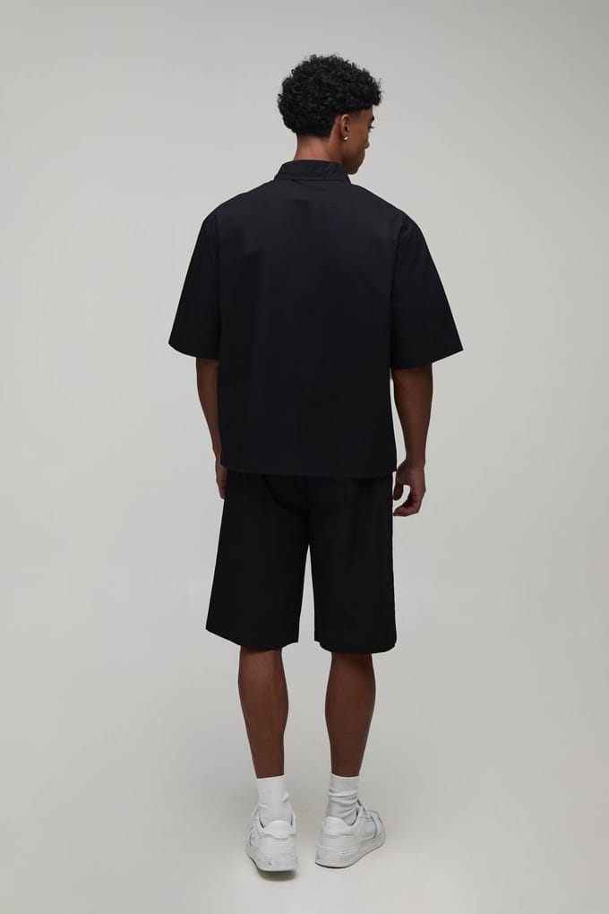 Katoenen Oversized Poloshirt Met Verborgen Knoopsluiting & Wijde Short Set | Black | Size Medium
