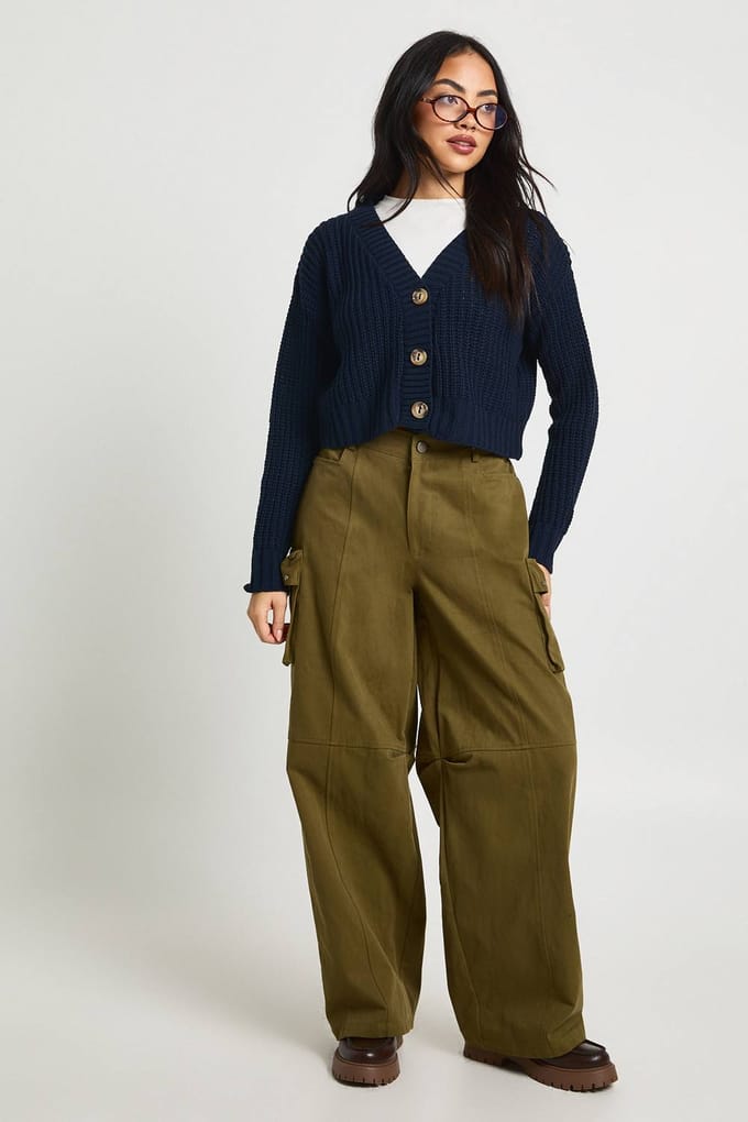 boohoo Dames Doorgeknopte crop cardigan | Navy | Maat: Large