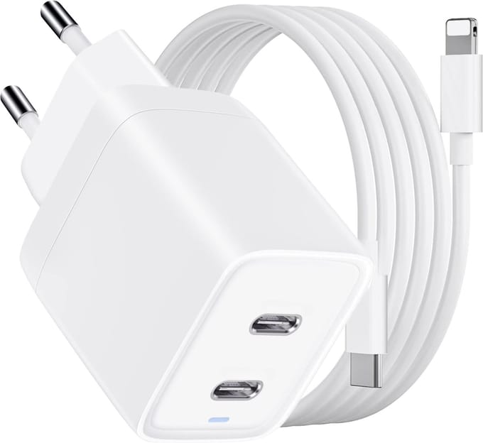 Snellader geschikt voor iPhone / iPad - Lightning naar usb-C Kabel 2 Meter Lang - 45w - 2 Poorten - GaN - PPS Fast Charging - Wit