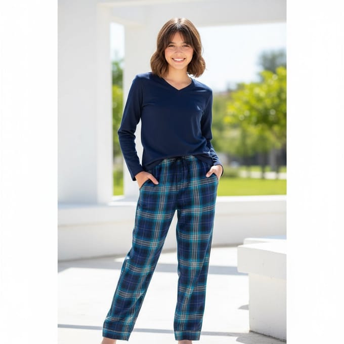 La-V pyjamasets voor dames met geruite flanel broek Donkerblauw S