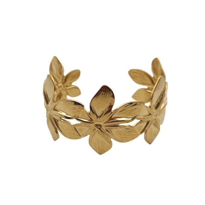 CO88 Collection Bangle Dames – 8CB-91444 -Goudkleurige Open Armband – Bloemen Design – Elegante Statement Cuff