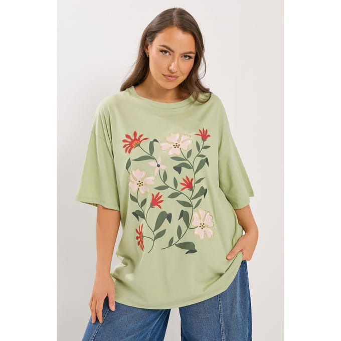 Yours Groen Tshirt Met Bloemenprint Size 50-52