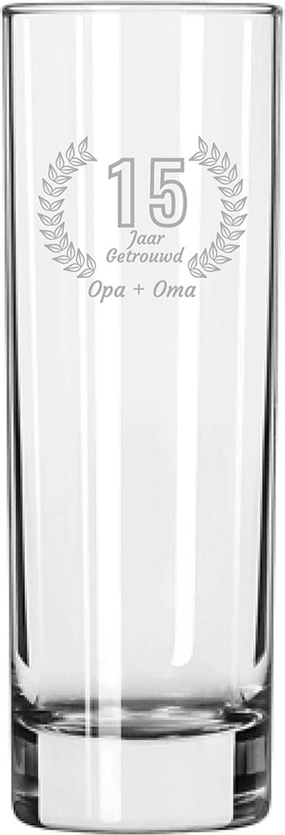 Gegraveerde Longdrinkglas 22cl Opa + Oma 15 jaar getrouwd