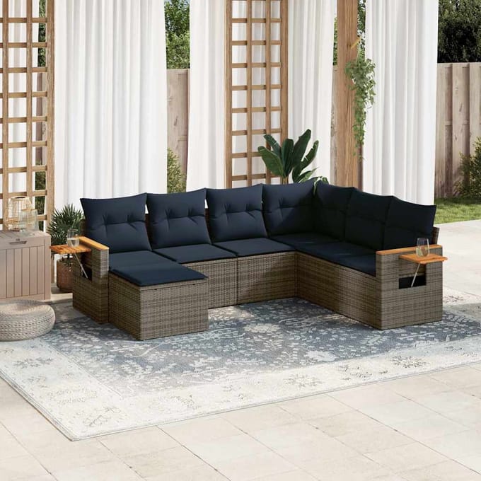 vidaXL - 7-delige - Loungeset - met - kussens - poly - rattan - grijs
