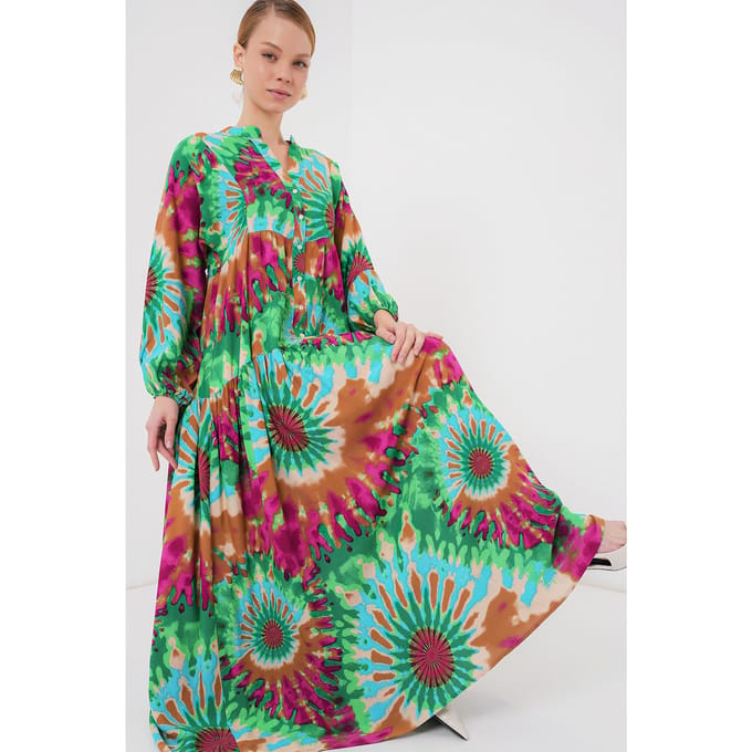 Geprinte V-hals Maxi-jurk met knoopsluiting