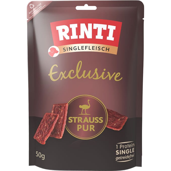 RINTI Singlevlees Exclusive Snack 50 g - Voordeelpakket: 3 x 50 g Struisvogel Puur