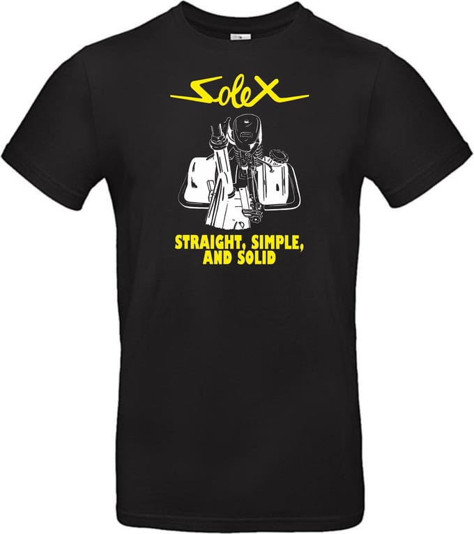 T- shirt zwart met opdruk Solex straight simple and solid maat L van Shirtmakelaar