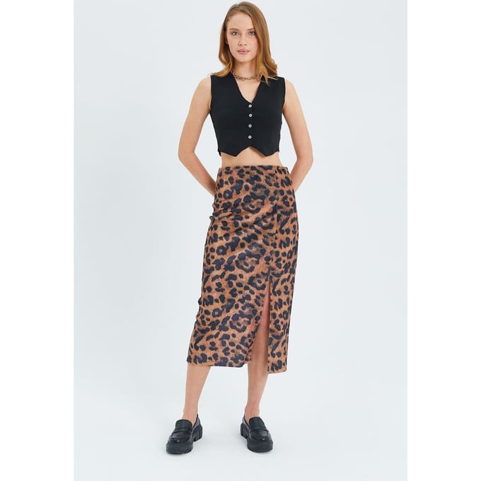 Leopardprint Hoge Taille Midi Rok met Split