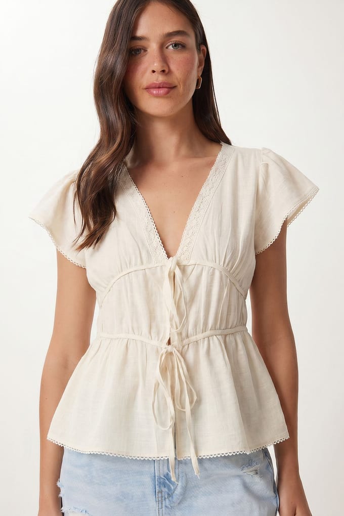 Viskose Poplin V-hals Strikblouse