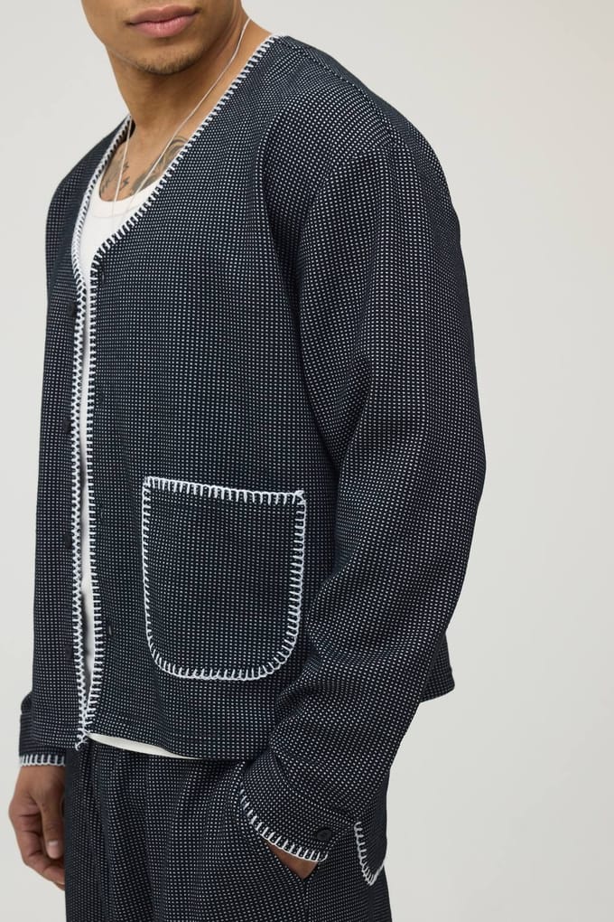 Waffle Contrast Stitch Oversized Boxy Baseball Shirt & Balloon Trouser Set | Black | Size Medium