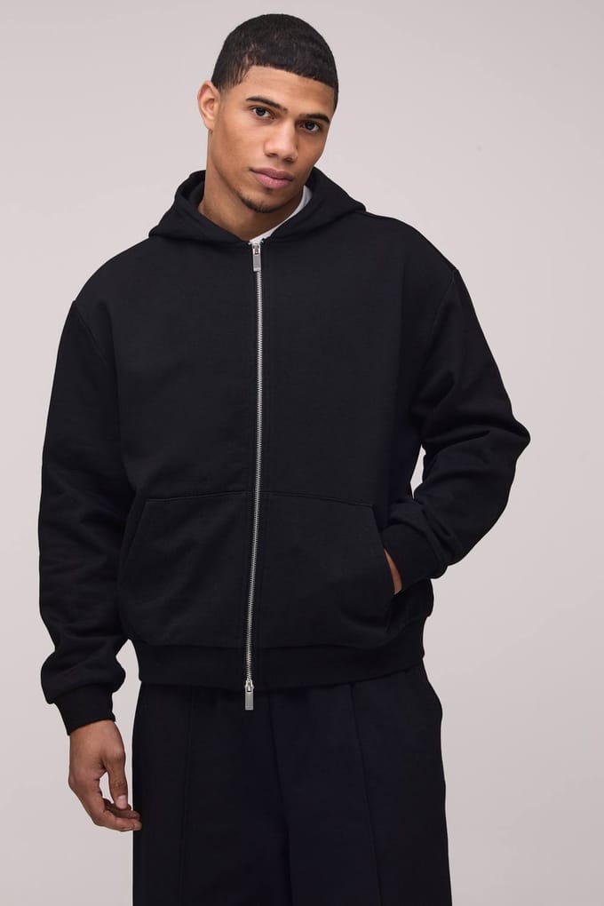 500GSM Heavyweight Oversized Boxy Zip Through Hoodie | Black | Size Medium