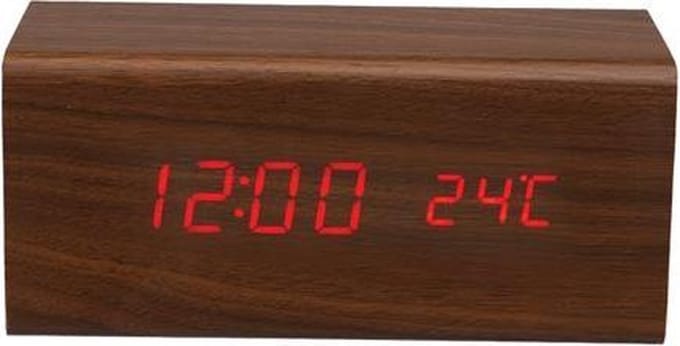 HOUTEN KLOK MET KALENDER EN TEMPERATUUR 18 x 8 x 8 cm