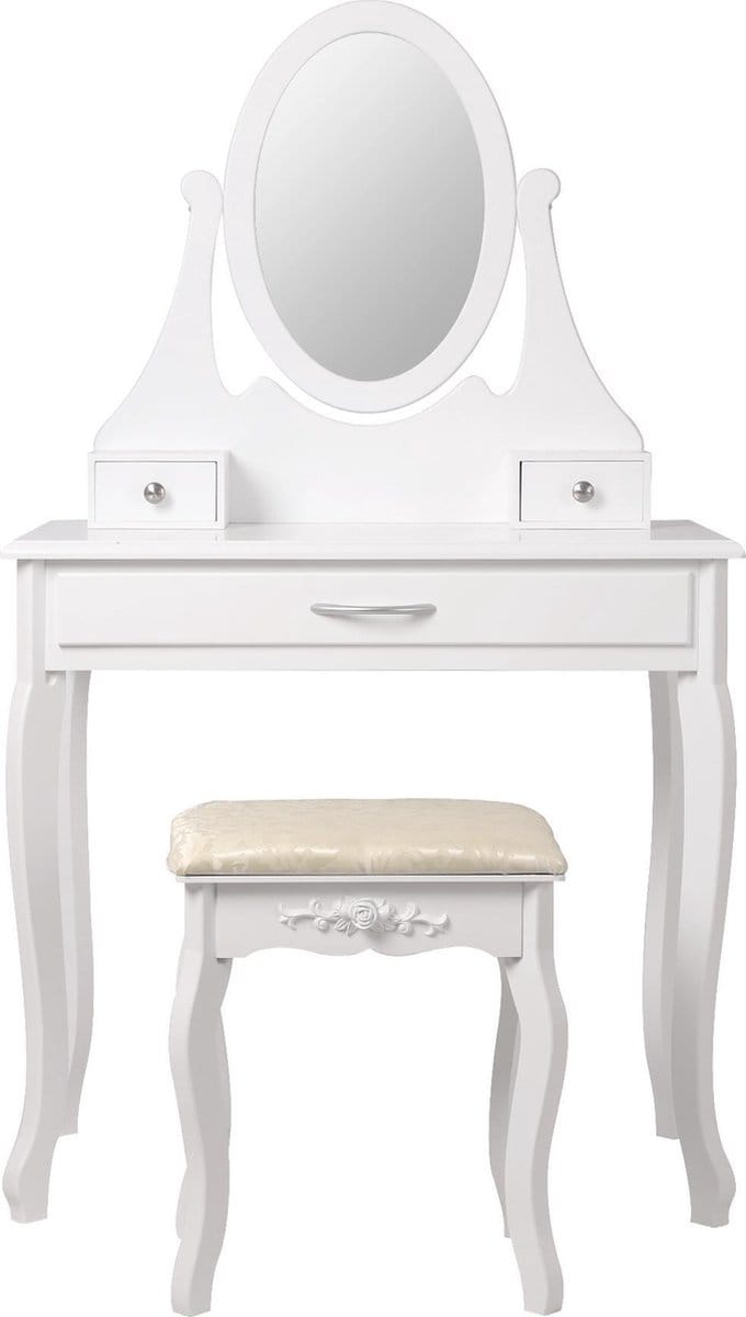 Kaptafel 75x140x40 cm in wit met spiegel, 3 laden & kruk ML-Design