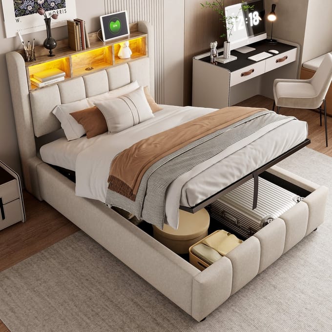 Sweiko Eenpersoonsbed - 90 x 200 cm - LED verlichting - USB aansluiting - Opbergruimte - Linnen - Beige