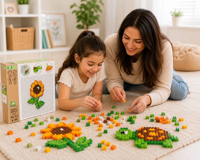 BIOBUDDI Pixel Art Zonnebloem & Schildpad – Duurzame Bouwset van Bioplastic – Creatief Speelgoed vanaf 4 Jaar