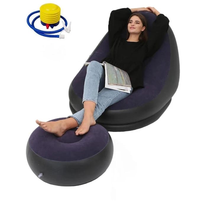 1 canapé gonflable marron avec repose-pieds, surface floquée en PVC, chaise de salon pliable, chaise de bureau violet