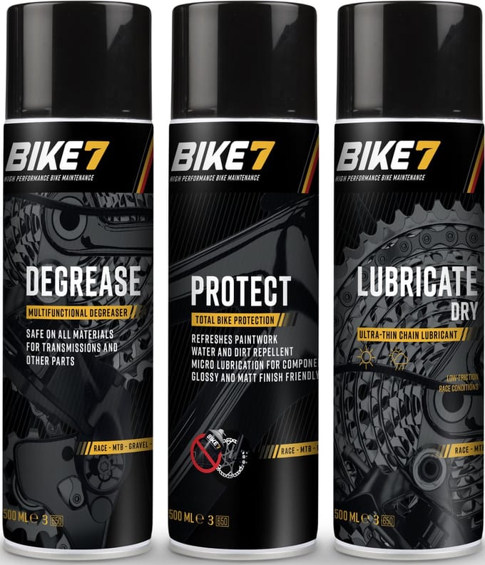 Bike7 "Voordeelpakket" Degrease 500 ml + Protect 500ml + Lubricate Dry 500ml