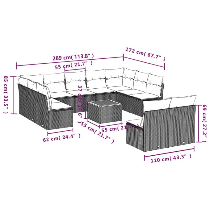 vidaXL - 12-delige - Loungeset - met - kussens - poly - rattan - grijs