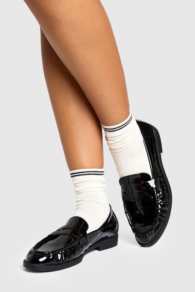 boohoo Dames Loafers met geruched detail | Black | Maat: 3
