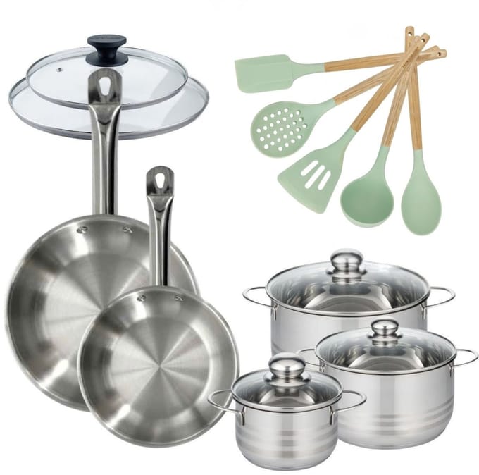 Set van 2 Pannen 24/28cm en 3 Kookpotten 16/20/24cm Fackelmann Etherna met 5 keukengerei
