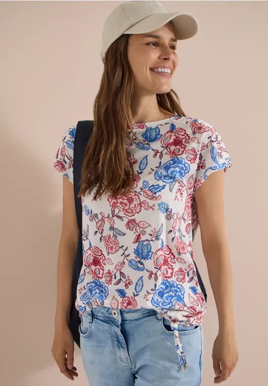 Shirt met korte mouwen, boothals en rimpels