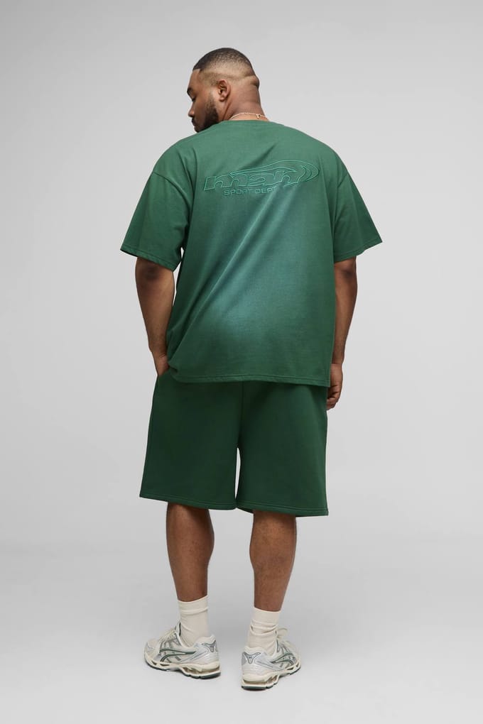 Plus OFCL Applique Spray Wash T-Shirt & Oversized Drop crotch Short Set | Green | Size 4XL