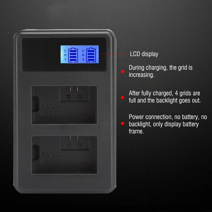 SEIVI Draagbare LCD Elektrische Hoeveelheid Display Dubbele Sleuf Camera Batterijlader voor Sony NP FW50 black