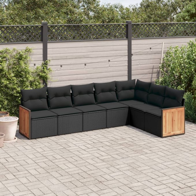 vidaXL - 7-delige - Loungeset - met - kussens - poly - rattan - zwart