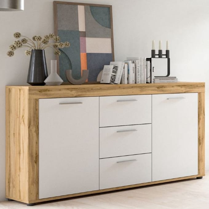 Dressoir Jam - 125x35x80cm - 2 Deuren & 3 Lades - Wotan Eik/wit