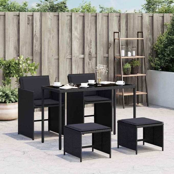 vidaXL - 5-delige - Tuinset - met - kussens - poly - rattan - zwart