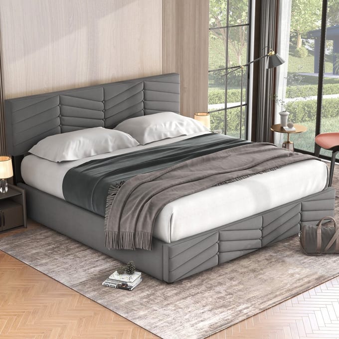 Sweiko Stoffering Bed, Dubbel Bed, Hydraulisch Functioneel Bed, Fluweel, Stripe Style, Continental Bed, Hoogte Verstelbaar Hoofdbord, 160 x 200, Grijs