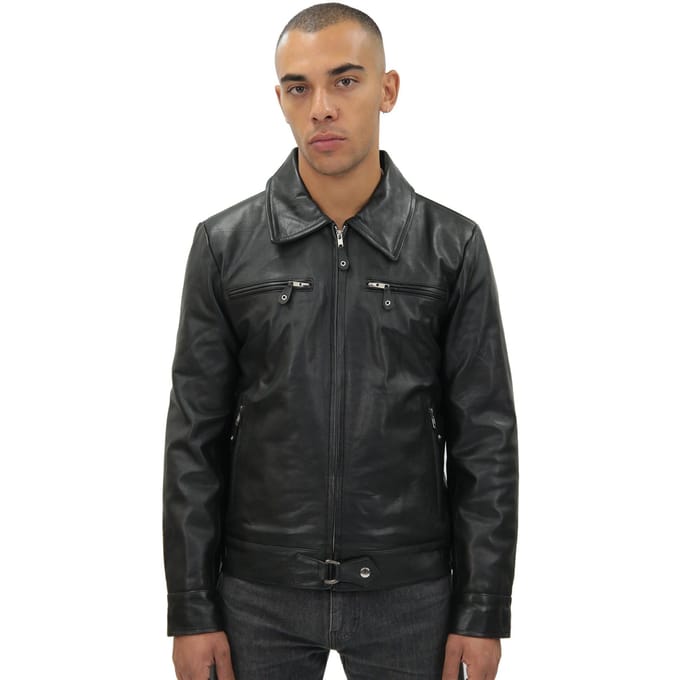 Heren zwart rundleer Harrington jas-Genève