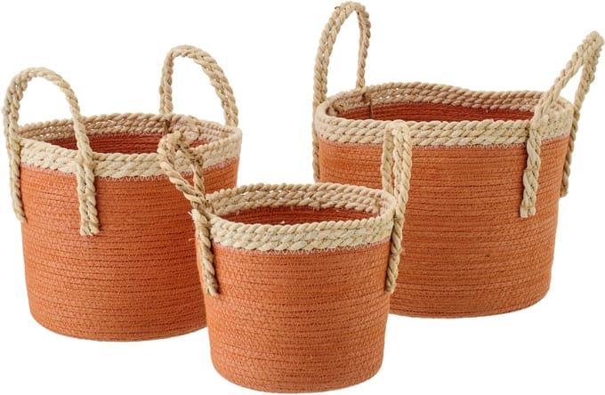 J-Line mand met handvatten - papier - naturel/donkeroranje - set van 3