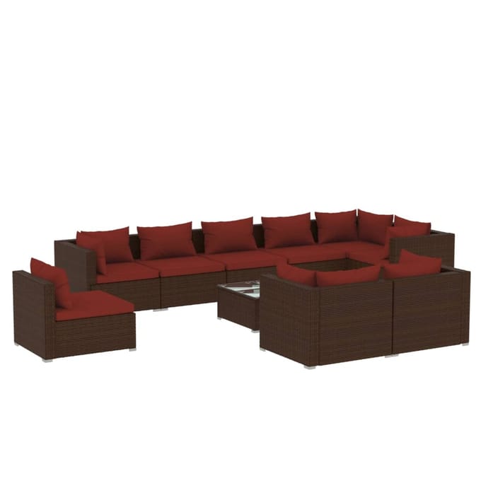 vidaXL - 10-delige - Loungeset - met - kussens - poly - rattan - bruin