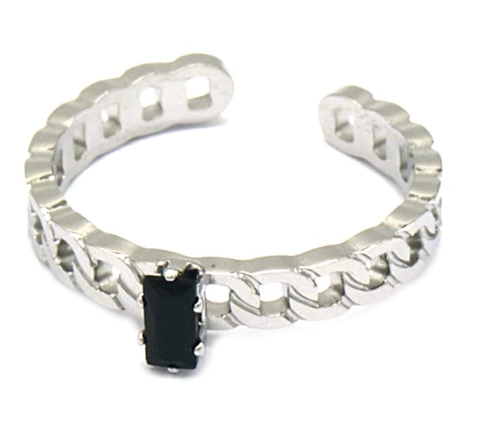 Ring Schakels - Zirkonia - RVS - One Size - Zilverkleurig en Zwart