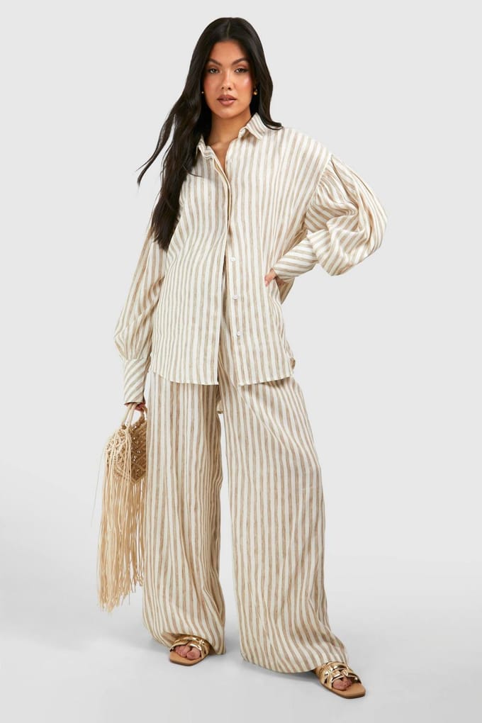 boohoo Dames Maternity Stripe Linen Look Oversized Shirt | Steen | Maat: 38