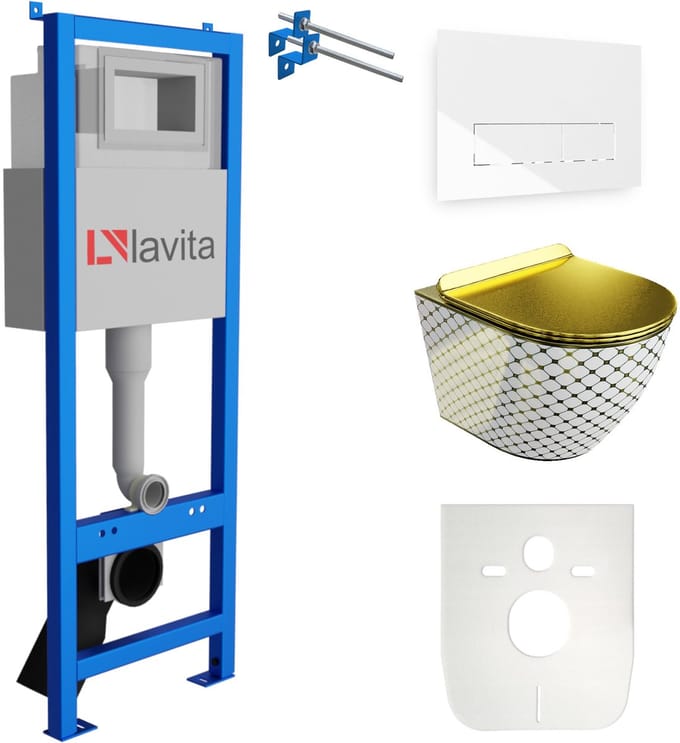 LAVITA complete toiletset SOFI SLIM CHECKED goud LAV 101 LAV 200.3.1 randloos wit