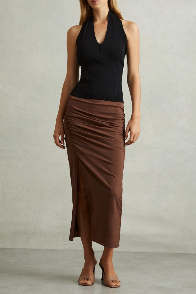 Reiss Ruched Midi Skirt Chocolate Größe: 6 | Midiröcke Outlet | Damen | Braun