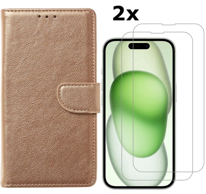 Hoesje Geschikt voor iPhone 15 hoesje bookcase met 2x screenprotector – Goud