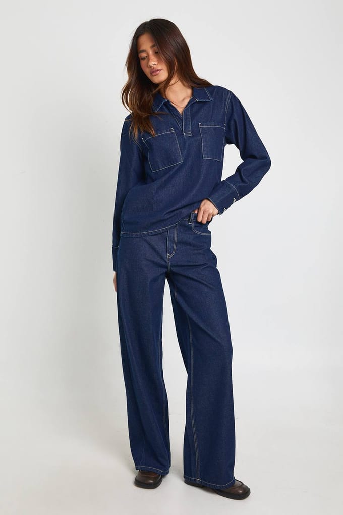 boohoo Dames Hoge Taille Wijde Pijpen Jeans | Indigo | Maat: 34