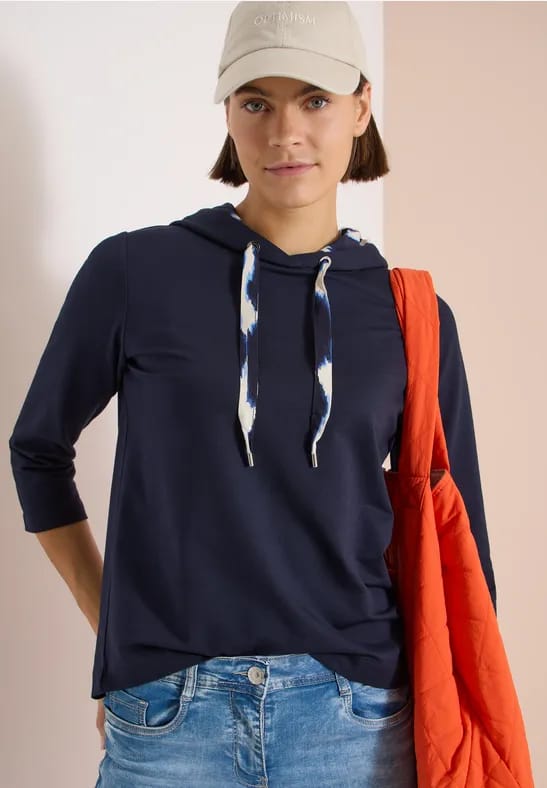 Shirt met 3/4-mouwen, capuchon en printdetails