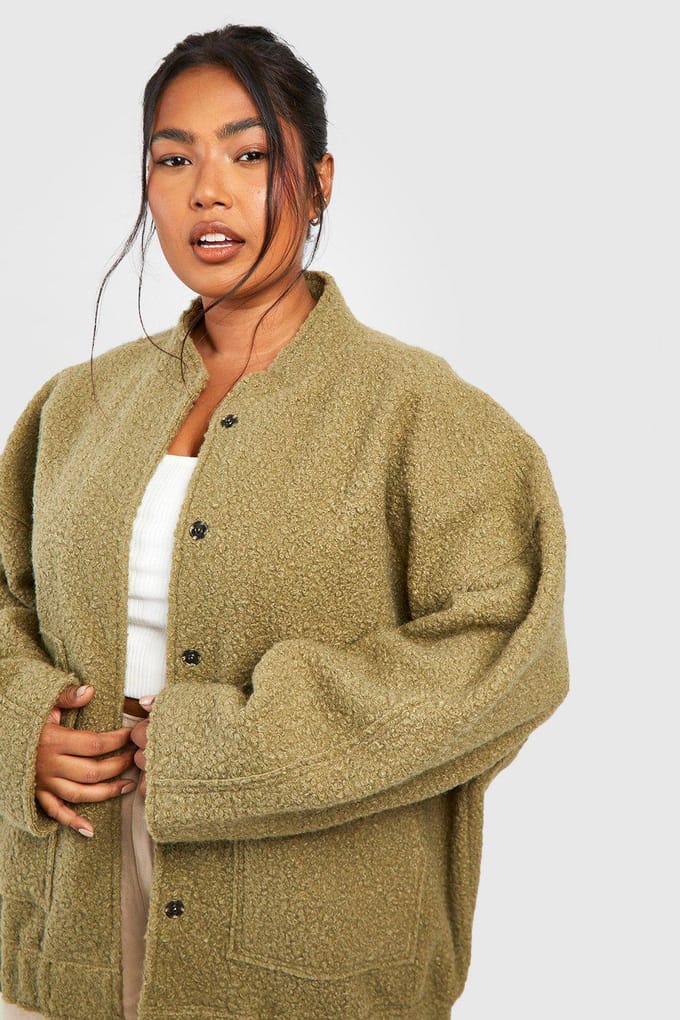 boohoo Dames Plus oversized wollen bomberjack | Khaki | Maat: 18