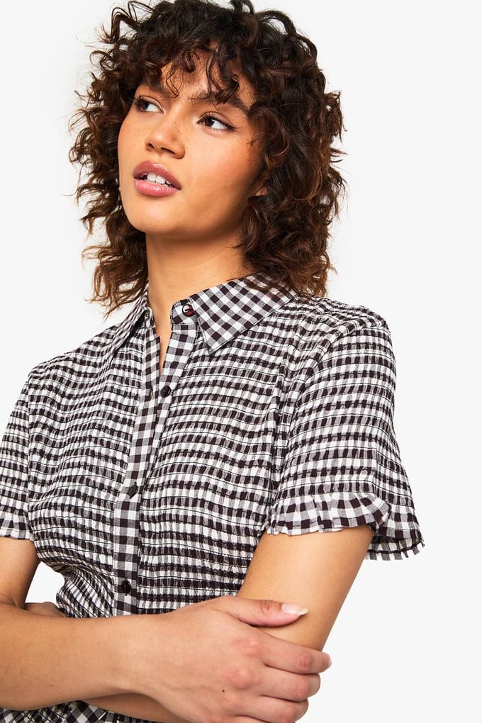 boohoo Dames Geplooide gingham crop top | Chocolate | Maat: 6