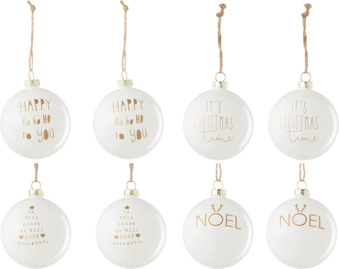 J-Line kerstbal 2+2+2+2 Tekst Kerstmis - glas - wit/goud - doos van 8