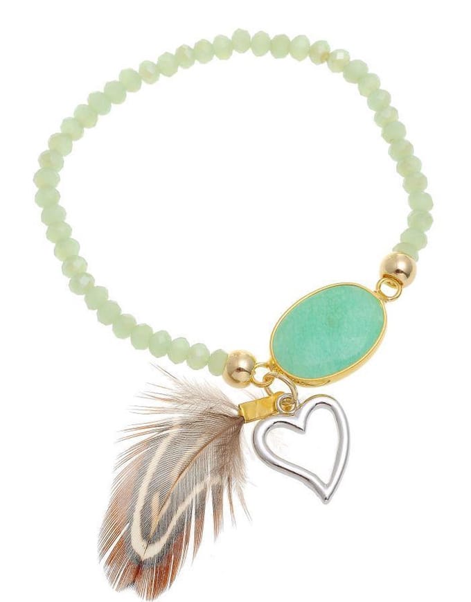 Behave - Rekarmband natuursteen met veer-hart hanger - boho - mint