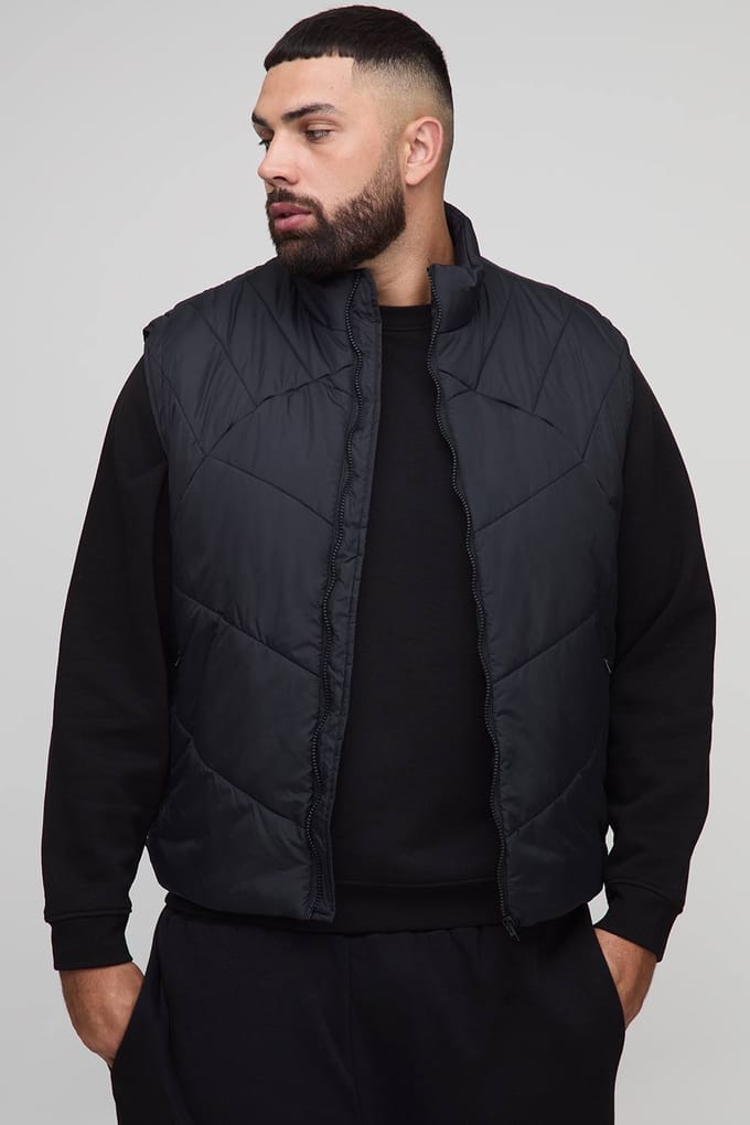 Plus Abstract Gequilt Funnel Neck Gilet in Zwart | Black | Size 2XL