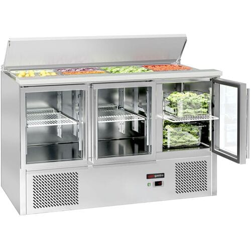 GGM Gastro Saladette ECO - 1368mm - 3 glazen deuren - met RVS deksel voor GN 1/1 zilver