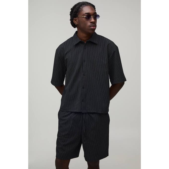 Gestreept Boxy Oversized Shirt & Short Set | Black | Size Small